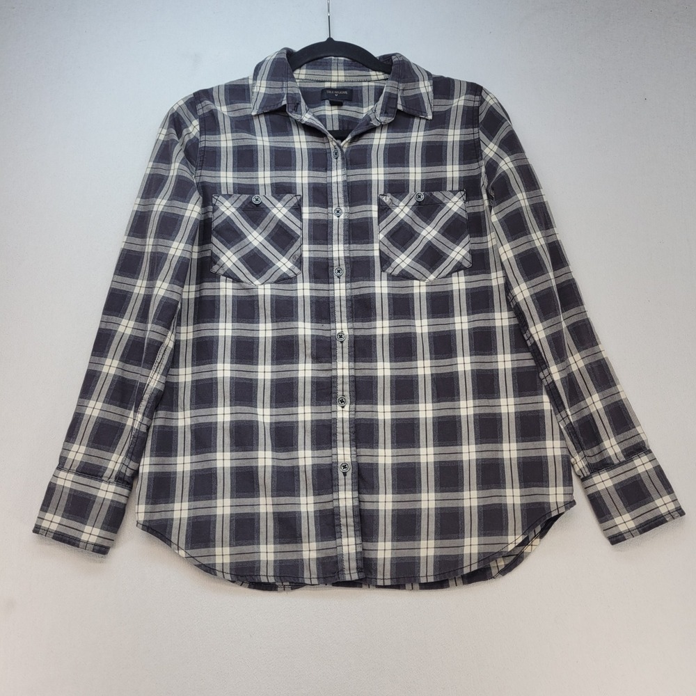 True Religion Plaid Button Down Women Small Black Casual‎ Flannel Shirt